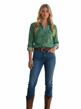 Tin Haul blouse summer spring 100% cotton light snap button down shirt green